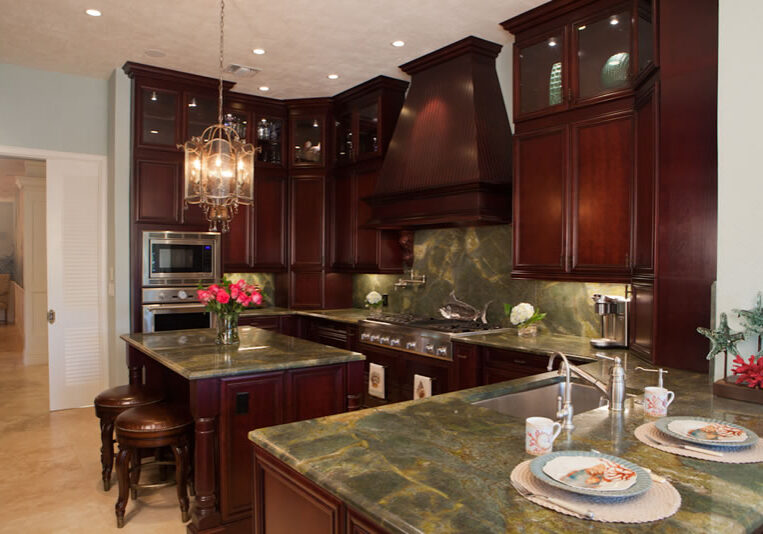 A kitchen with marble countertop